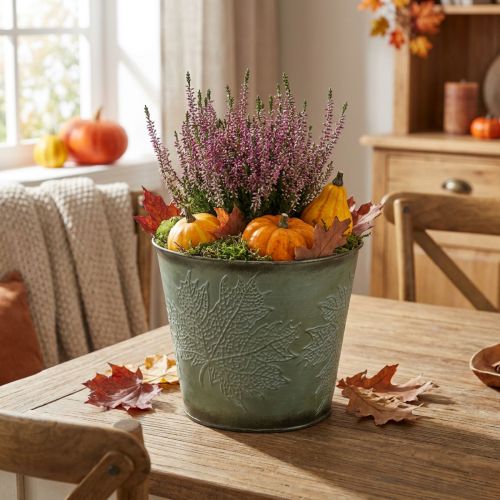 Kvetináč s jesennou dekoráciou, kovová dekorácia, jesenný kvetináč zelený Ø18,5cm V17cm | Floristik24.sk