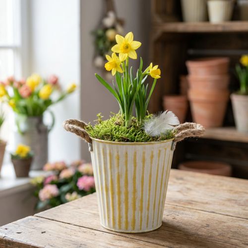 Kovový kvetináč, jarná dekorácia, kvetináč s rúčkami, žltý, shabby chic, Ø18cm, V17,5cm | Floristik24.sk