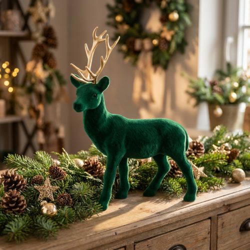 Jeleň stojaca deko figúrka zelené zlato stolová dekorácia adventná 27cm | Floristik24.sk