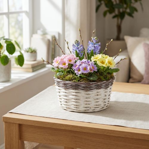 Dekoratívny okrúhly kvetinový košík Ø20cm Biela Hnedá Jarná dekorácia | Floristik24.sk