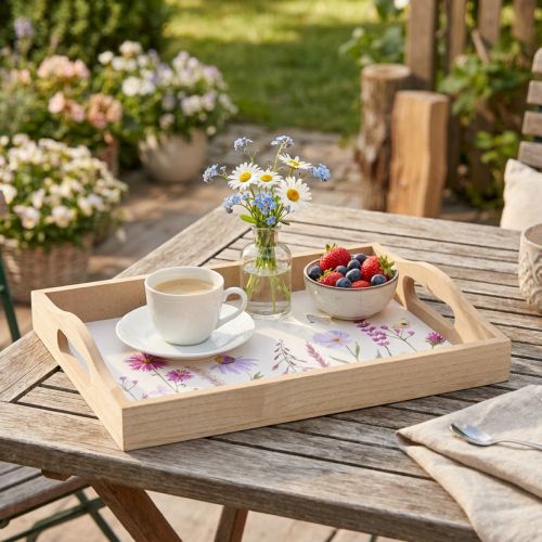 Obdĺžniková drevená tácka, prírodné kvety, motýľ, D35 cm | Floristik24.sk