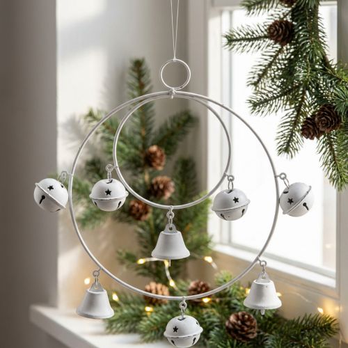 Prsteň s rolničkami, adventná dekorácia, tamburínový veniec, kovová dekorácia na zavesenie Biela V22,5cm Š21,5cm | Floristik24.sk