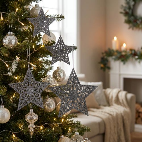 Vianočná hviezda s ornamentami strieborno šedá trieda 8cm - 12cm 9 ks | Floristik24.sk