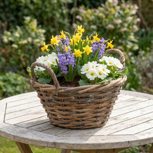 Kvetinová dekorácia, drevený košík s rúčkami, prírodný kvetináč, biela umývaná V12cm Ø24cm | Floristik24.sk
