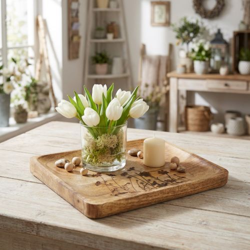 Dekoratívna tácka z mangového dreva s kvetinovým vzorom, tácka 25×20 cm | Floristik24.sk