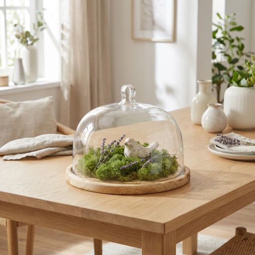 Sklenená kupola s dreveným tanierovým zdobením syrová kupola Ø22cm V16,5cm | Floristik24.sk