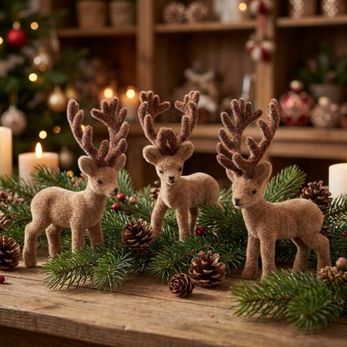 Deco jeleň mini hnedý flockovaný 11cm 6 ks | Floristik24.sk