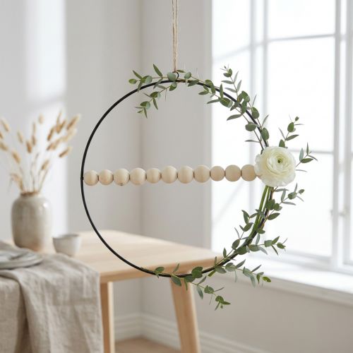 Článok Dekoratívny prsteň, kovový, drevené korálky, Ø30cm, čierny, biely, prírodný, sada 4 kusov
