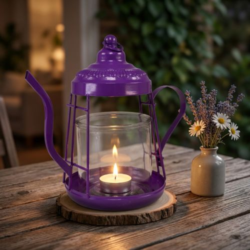 Svietnik na čajovú sviečku sklenený lampáš čajník fialový Ø15cm V26cm | Floristik24.sk