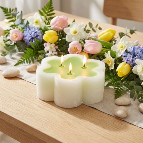 Trojknôtová sviečka zelená biela tvar kvet Ø11,5cm V4cm | Floristik24.sk