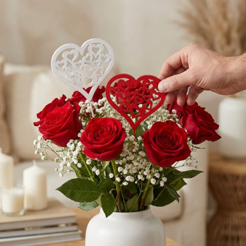 Kvetinová zátka srdce červená, biela ozdobná zátka Valentínska 7cm 12ks | Floristik24.sk
