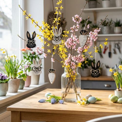 Drevený prívesok králik s okuliarmi mrkvový trblietok 4×7,5cm 9ks | Floristik24.sk