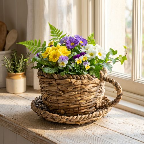 Kvetináč s podšálkou, malý slamený košík, Ø17cm V13cm | Floristik24.sk