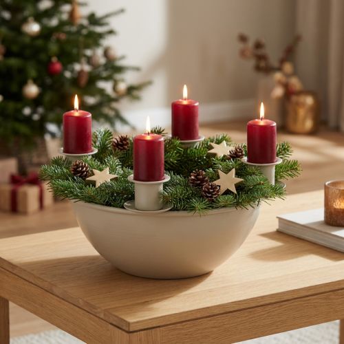 Svietnik so 4 objímkami, moderný adventný veniec, béžový, 15 cm | Floristik24.sk