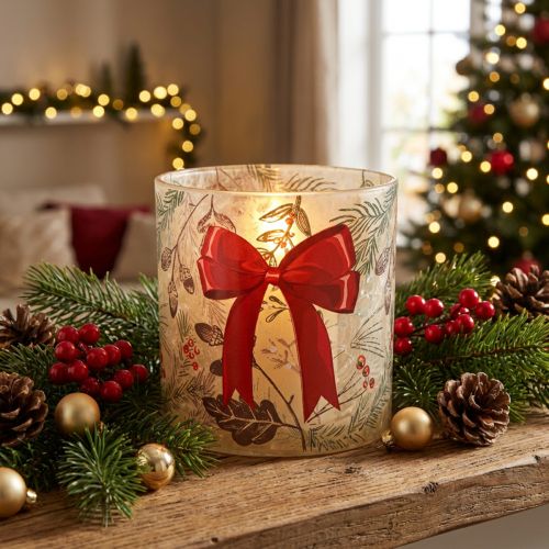 Článok Sklenený svietnik s červenou stuhou a zimnými vetvičkami, 15 cm
