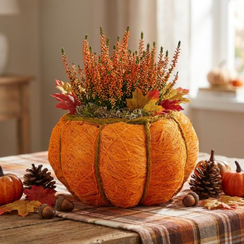 Dekorácia na kvetináč s tekvicou oranžovo-žltozelený sisal Ø21cm V12cm | Floristik24.sk