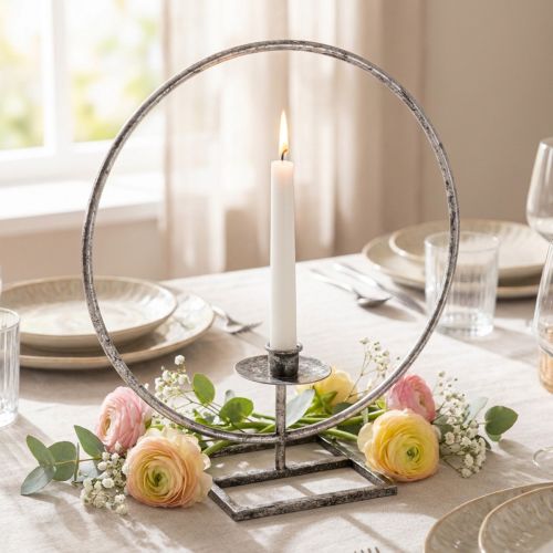 Ozdobný prsteň kovový svietnik strieborný shabby chic Ø32cm | Floristik24.sk