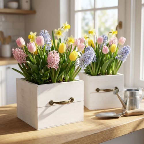 Kvetináč drevená zásuvka biela 15x15/12x12cm sada 2 ks | Floristik24.sk