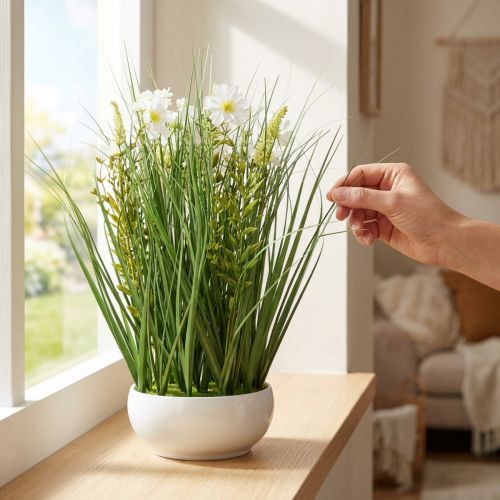 Deko tráva s kozmeovými kvetmi v miske V45cm | Floristik24.sk