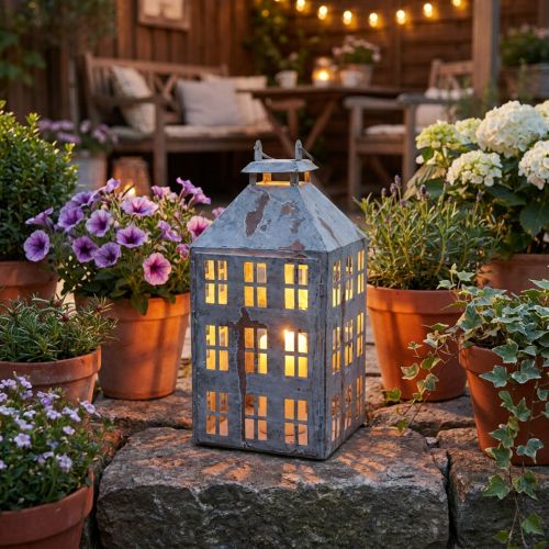 Vintage dekoratívny lampáš, kovový svietiaci domček, shabby chic, V35 cm | Floristik24.sk