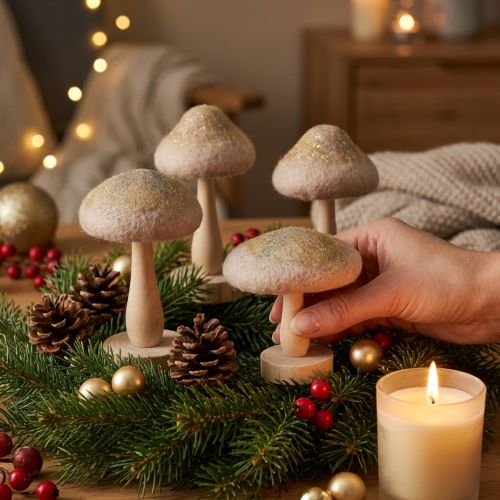Dekoratívne drevené a plstené huby s trblietkami, adventná dekorácia na stôl, výška 11 cm, 4 kusy | Floristik24.sk