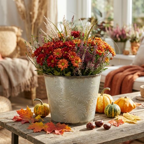 Kvetináč, jesenná dekorácia, kovová nádoba s listami zlatá Ø25,5cm V22cm | Floristik24.sk