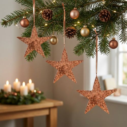 Dekoračná hviezda na zavesenie, adventná dekorácia, kovový prívesok medenej farby 12×13cm 3ks | Floristik24.sk