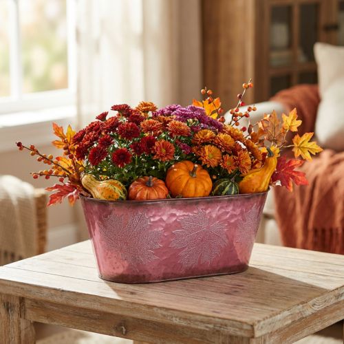 Miska s dekorom listov, kvetináč, jesenná dekorácia, kovový hrniec vínová červená L38cm V15cm | Floristik24.sk