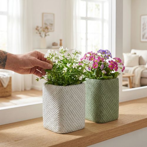 Kvetináč keramická biela zelená reliéfna sieťka 12x12cm V17,5cm 2ks | Floristik24.sk
