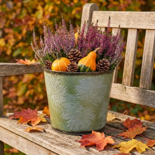Kvetináč, kovový črepník s javorovými listami, jesenná dekorácia zelená Ø25,5cm V22cm | Floristik24.sk