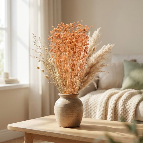 Dekoratívne sušené kvety z ľanu marhuľové prírodné 80g boho dekorácia | Floristik24.sk