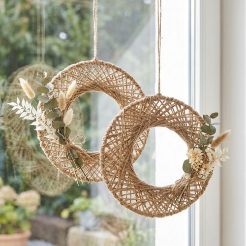 Článok Závesné ozdobné krúžky v štýle Boho, jutové prírodné vlákno, Ø28 cm, nástenná dekorácia, dekorácia okna, sada 4 kusov