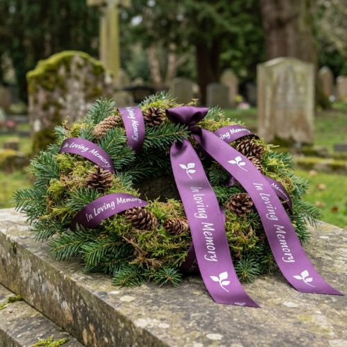 Článok Smútočná stuha vo fialovej striebornej farbe In Loving Memory 15mm 25m