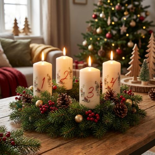 Sada adventných sviečok na veniec 1-4 krémové, vianočný motív, kvalita RAL, vyrobené v Nemecku, 130/70 mm, 4 ks | Floristik24.sk