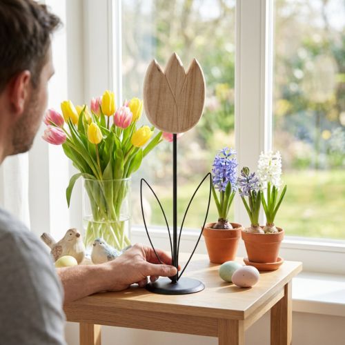 Článok Dekoratívna drevená figúrka tulipánu na stojane pre jarné ozdoby, 47,5 cm