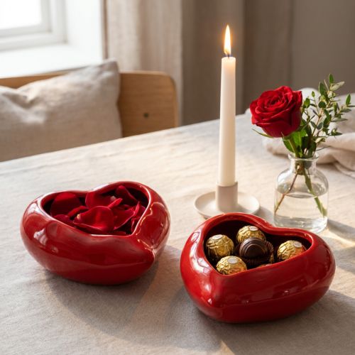 Keramické ozdobné srdiečka červená miska lesklá 13×15×6,5cm 2 ks | Floristik24.sk
