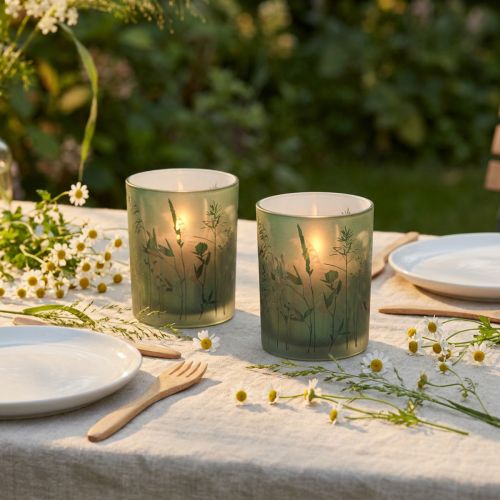 Dekoračný sklenený lampáš zelený biely motív lúka V12,5cm 2 kusy | Floristik24.sk