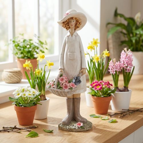 Dekoratívne figúrky záhradníka, dekoratívna žena s kvetmi, biela a ružová, V21 cm | Floristik24.sk