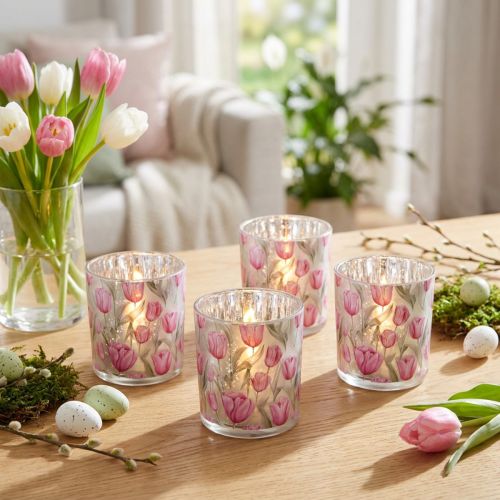 Článok Dekoratívny sklenený lampión s tulipánovým dizajnom pre jarné dekorácie do domácnosti, 8 cm, 4 kusy.