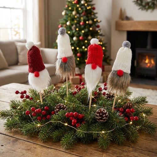 Gnome na prilepenie pletenou čiapkou červená, biela, šedá 11–13cm L34–35,5cm 12 ks | Floristik24.sk