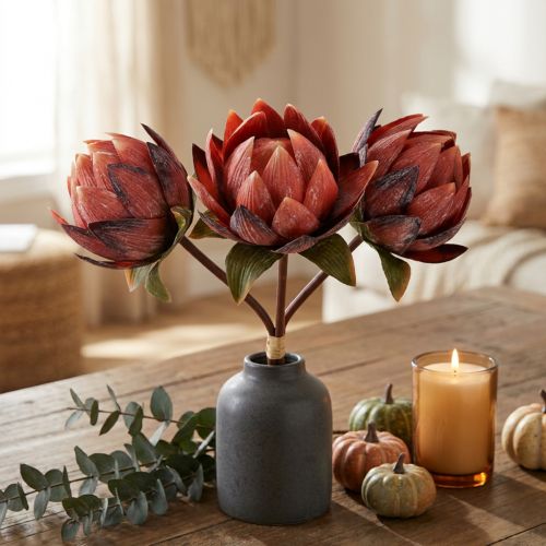 Článok Dekoratívne umelé kvety Protea červeno-oranžové 34cm 3ks