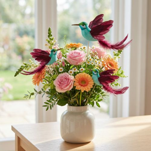 Dekorácia kolibrík na palici tyrkysová bordová 13-15cmx9-10cm 6 ks | Floristik24.sk