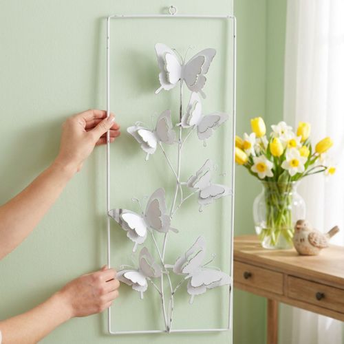 Umenie na zavesenie motýľa na jar kovovú nástennú maľbu Shabby Chic White Silver V47,5 cm | Floristik24.sk