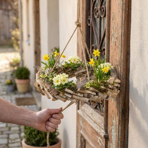 Článok Drevený veniec na zavesenie s háčikom z brezového dreva Ø35cm - Prírodná dekorácia na jar, makramé, kvety a bylinky