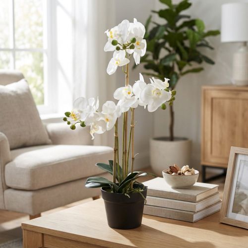 Článok Umelá orchidea v kvetináči pre harmonickú atmosféru, biela, 60 cm
