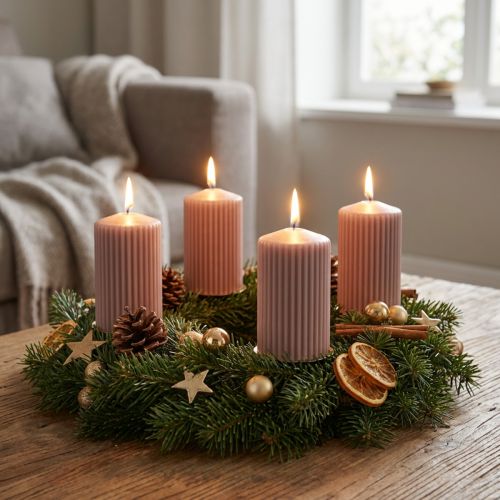 Článok Stĺpové sviečky, antická ruža, drážkované sviečky, 70/90 mm, sada 4 kusov, dekoratívne sviečky, adventný veniec, nízke dymenie, dlhá doba horenia