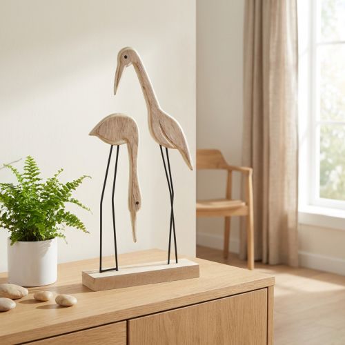 Stojan drevená figúrka žeriav pár prírodný 27,5×13cm 2 ks | Floristik24.sk