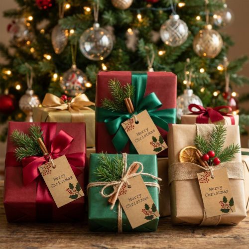 Článok Menovky na darčeky Veselé Vianoce papier prírodná hnedá 8,5×5,5cm 20 ks