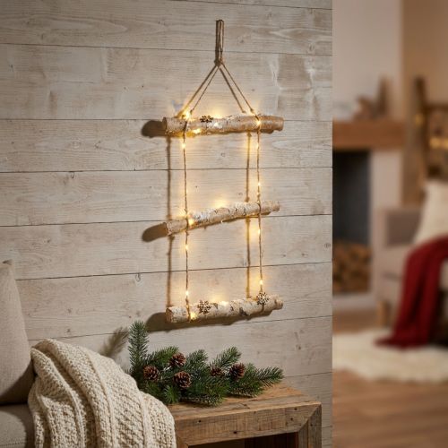 Článok Vianočná dekorácia na stenu s mikro LED svetielkami, malými drevenými vločkami a zasneženými konárikmi V150cm
