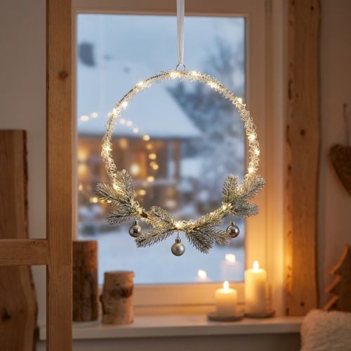 Článok LED krúžok kovová dekorácia na zavesenie strieborná teplá biela 30 cm